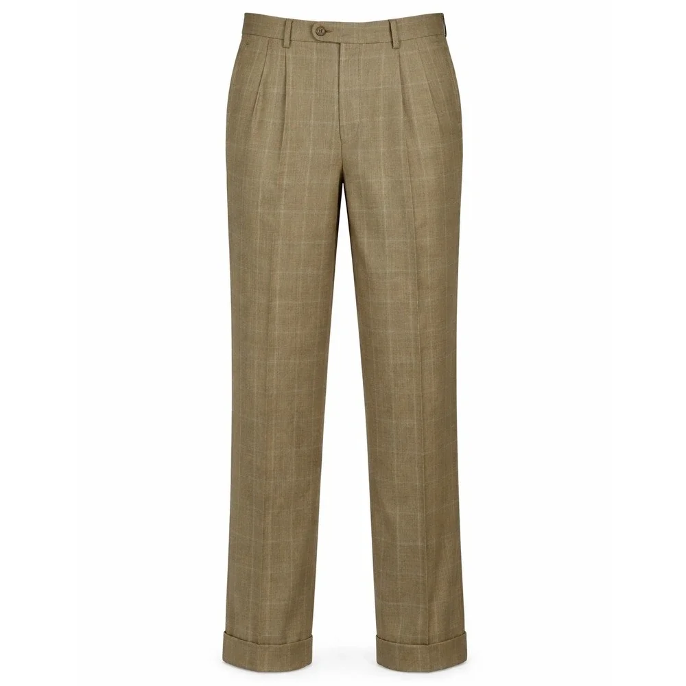 Linea Naturale Luxe Dress Pants Men 34 Tan Windowpane Wool Super 120 Italy